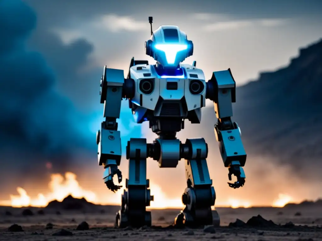 Un robot militar solitario en un campo de batalla desolado, con ojos visor brillando en azul