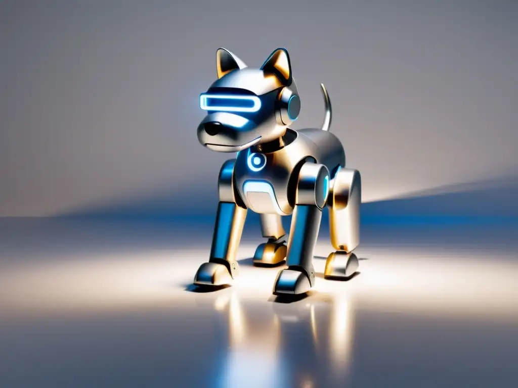 Un robot perro de diseño minimalista y moderno, refleja luz en su superficie metálica