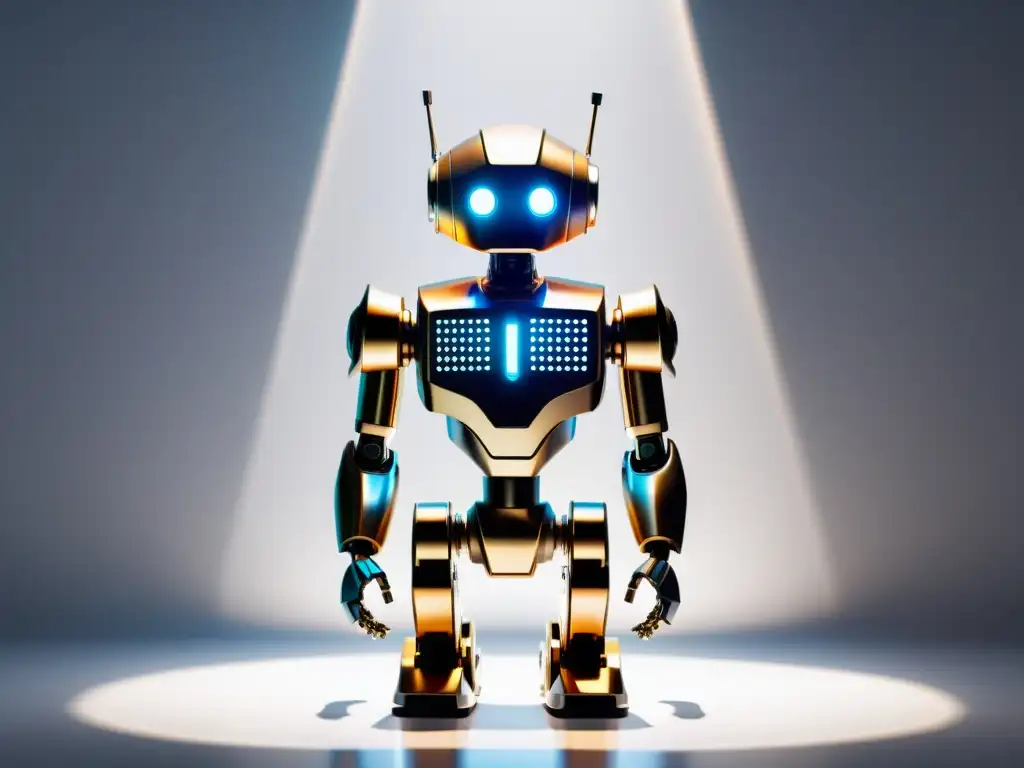 Un robot minimalista de diseño ultradetallado y movimiento elegante, con luces LED vibrantes que emanan una suave y futurista luminosidad