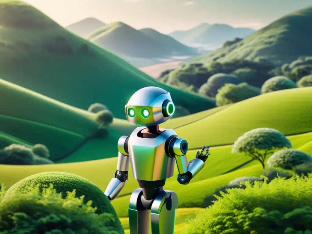 Un robot de diseño moderno asiste con cariño a una persona mayor en un paisaje verde exuberante, evocando la robótica social sostenible para cuidado