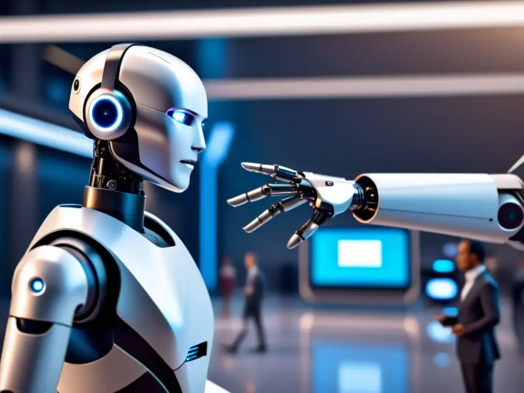 Colaboración futurista entre humano y robot Un robot moderno y elegante alcanza la mano de una persona, en un escenario futurista de tecnología