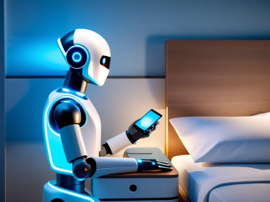 Robot de compañía para pacientes, de diseño minimalista, junto a una cama de hospital en suave iluminación azul, ofreciendo calidez y tranquilidad