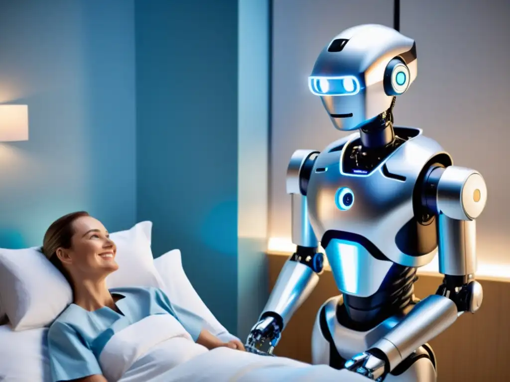 Un robot de compañía para pacientes interactúa con un paciente sonriente en una habitación hospitalaria moderna y luminosa