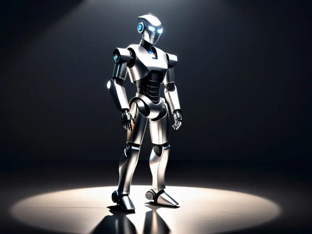 Un robot plateado y elegante destaca en un escenario oscuro, iluminado por un foco