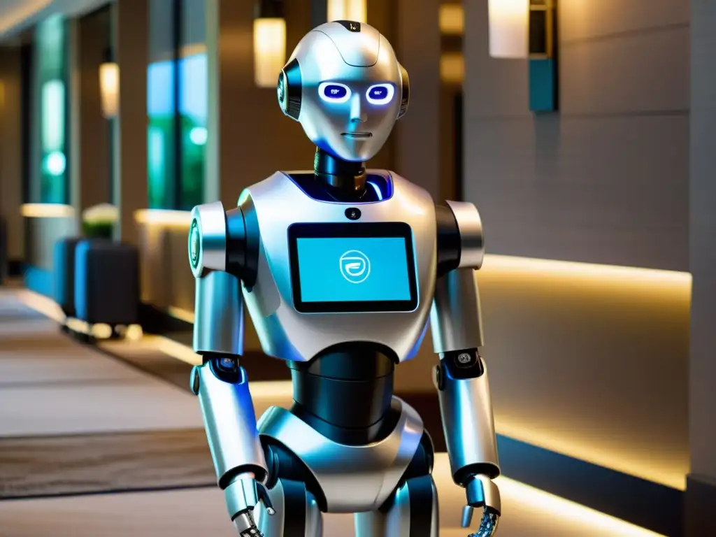 Un robot plateado asiste alegremente a los huéspedes en el lobby del hotel, reflejando modernidad y eficiencia en la automatización en la hospitalidad