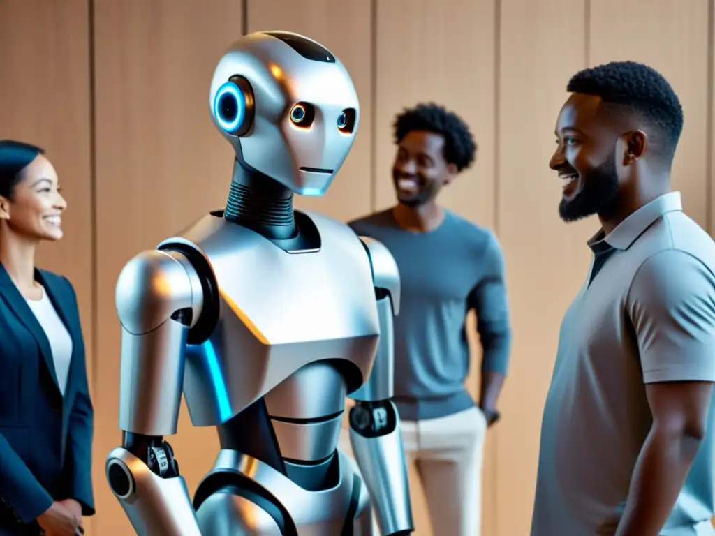 Un robot plateado interactúa con personas diversas en un entorno profesional, fomentando el desarrollo de habilidades sociales con robots de forma natural y amigable