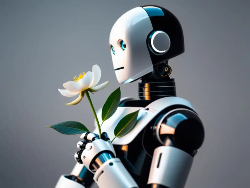 Un robot en pose contemplativa sostiene una flor