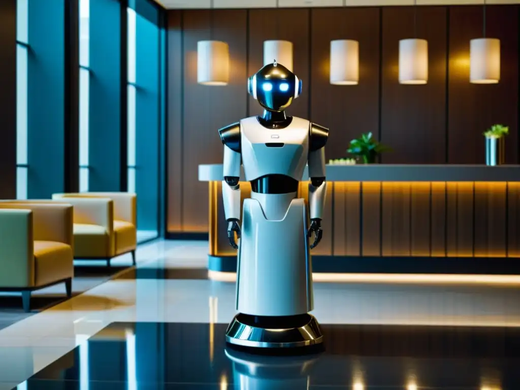 Un robot de servicio en un elegante lobby de hotel, simbolizando la automatización en la hospitalidad con su diseño futurista y eficiente