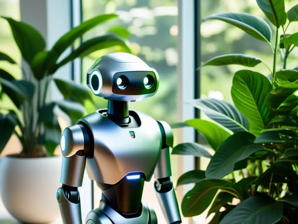 Un robot sofisticado en una habitación soleada rodeado de plantas, emitiendo una luz suave