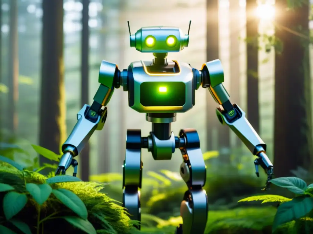 Un robot para reforestación sostenible planta un árbol en un exuberante bosque, mostrando su avanzada tecnología en acción