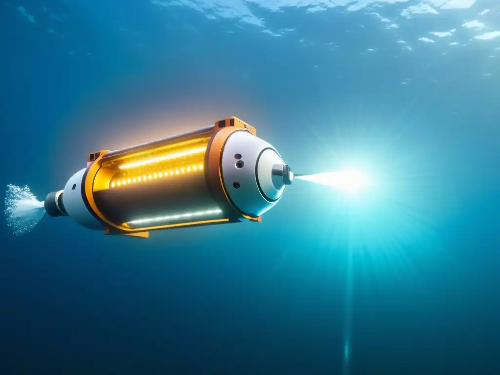 Un robot submarino futurista y elegante navega con gracia en las profundidades del océano, iluminando su entorno con luces LED avanzadas