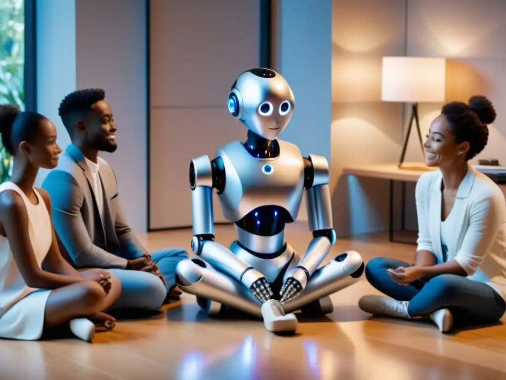 Robot en terapia escucha y apoya a un grupo diverso en un ambiente tranquilo y acogedor