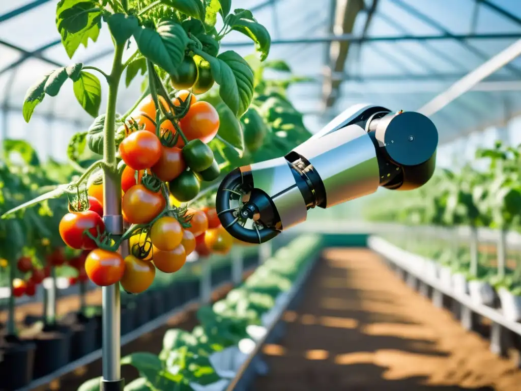 Robótica en agricultura sostenible: Brazo robótico cosechando tomates en invernadero con tecnología avanzada y armonía con la naturaleza