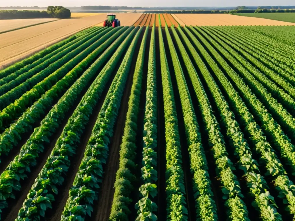 Robótica en agricultura sostenible: Campo verde exuberante con cultivos ordenados, tractor robótico moderno trabajando con precisión y armonía