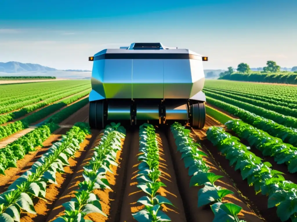 Robots en agricultura orgánica: Granja orgánica con cultivos ordenados y moderno robot cosechador en armonía con la naturaleza bajo un cielo azul