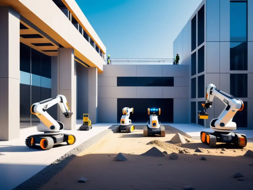 Robots autónomos en la construcción construyendo un edificio futurista con precisión y eficiencia, en un entorno tecnológico avanzado y limpio