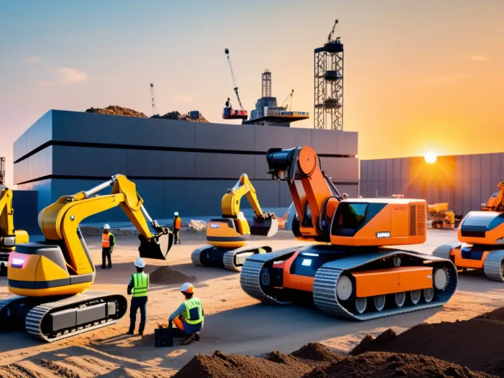 Robots autónomos en proyectos de construcción: escena futurista con robots y trabajadores humanos colaborando en un sitio de construcción al atardecer