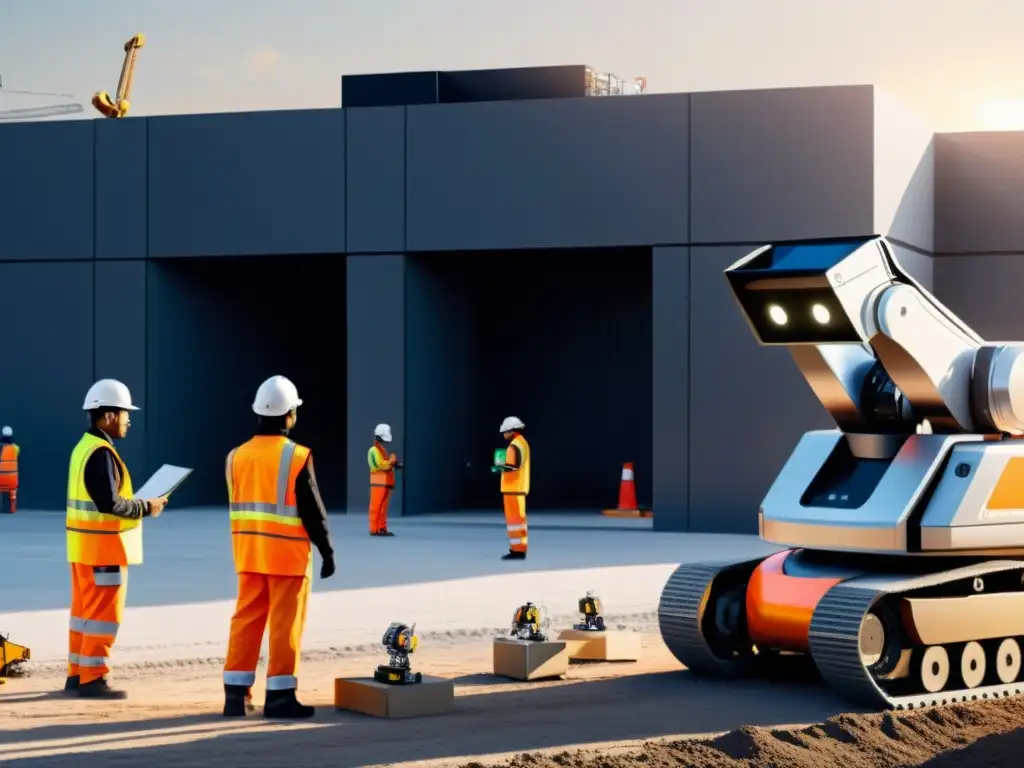 Robots autónomos en proyectos de construcción: Integración eficiente de tecnología avanzada en un sitio de construcción moderno y minimalista