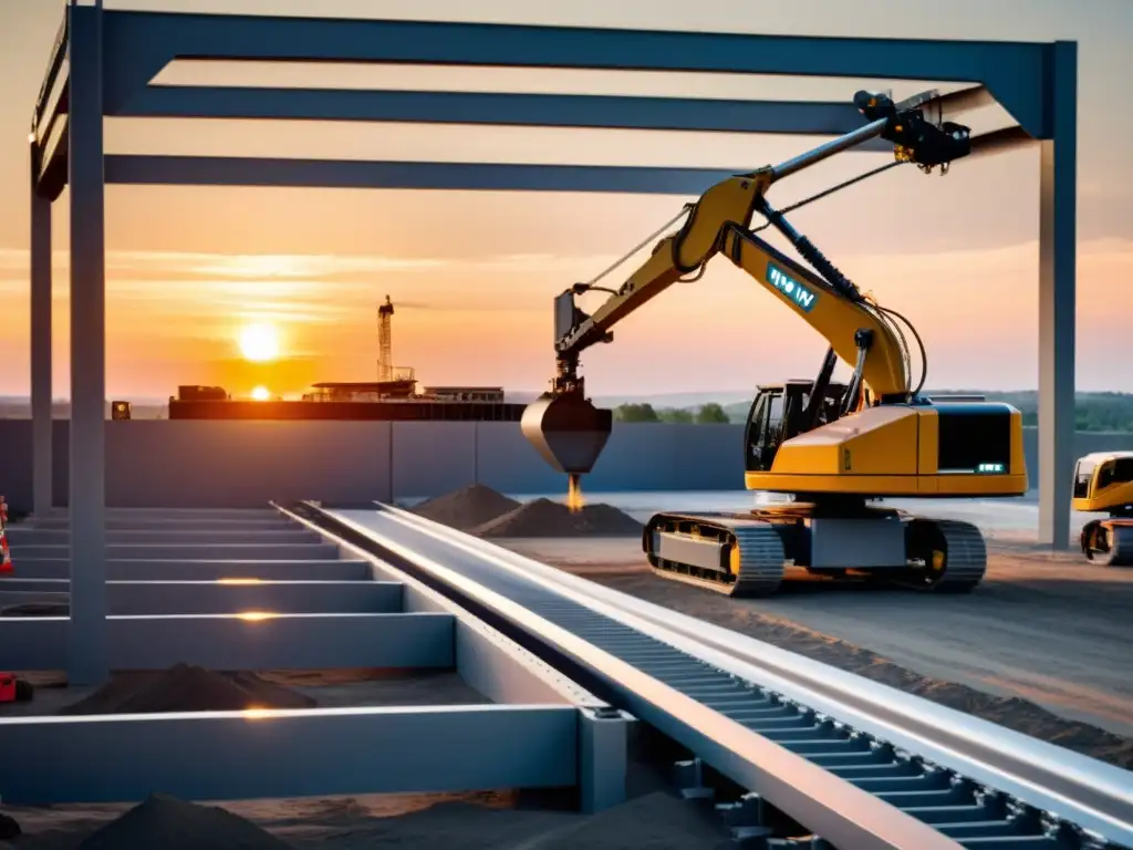 Robots en la construcción del siglo XXI: escena futurista con brazos robóticos vertiendo concreto y ensamblando vigas de acero al atardecer, reflejando eficiencia e innovación