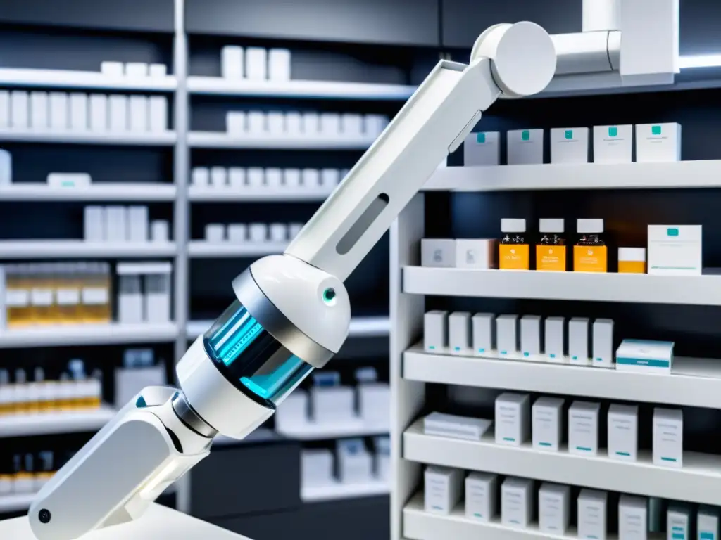 Robots farmacéuticos dispensación medicamentos: brazo robótico dispensando medicación en farmacia moderna y estéril