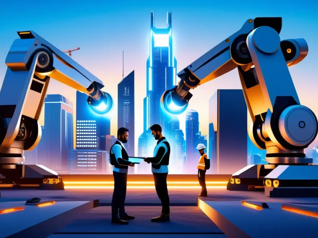 Construcción futurista: robots y humanos en armonía Robots y humanos construyen juntos un rascacielos en la ciudad del futuro