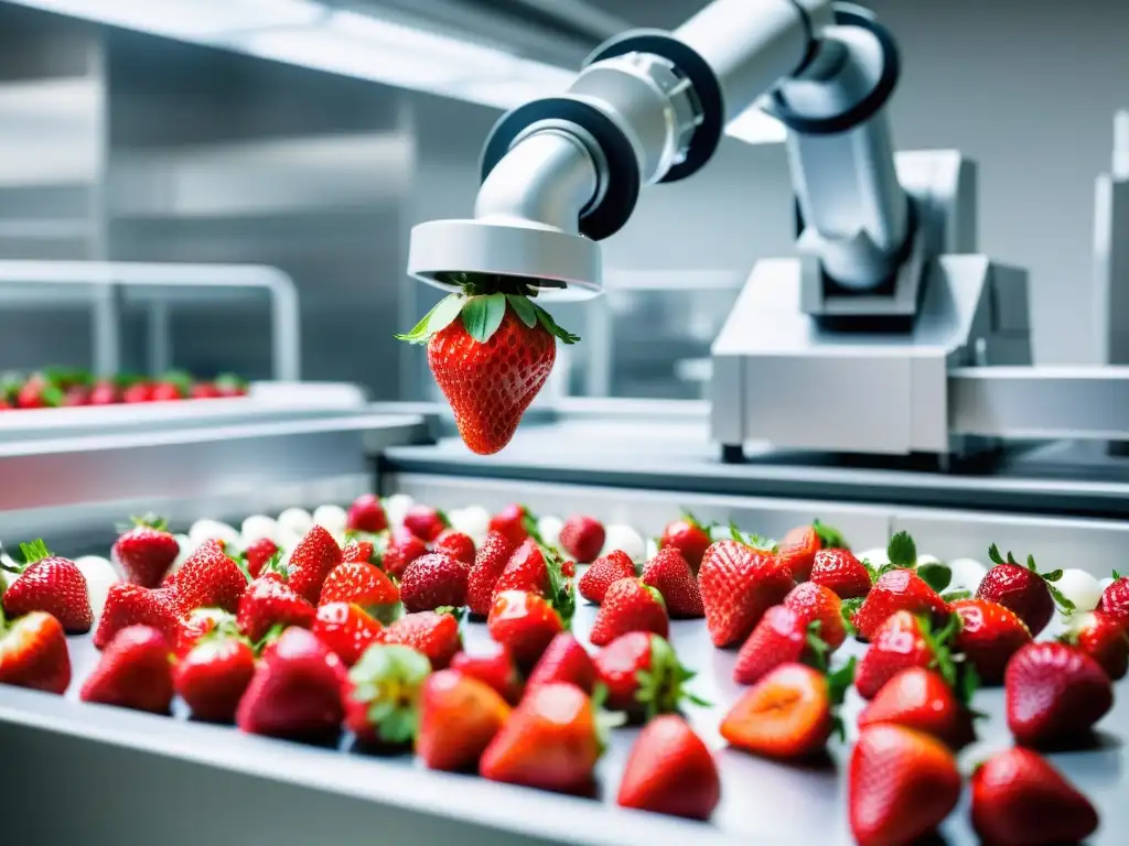 Robots en la industria alimentaria: Brazo robótico colocando fresas en una planta de procesamiento de alimentos