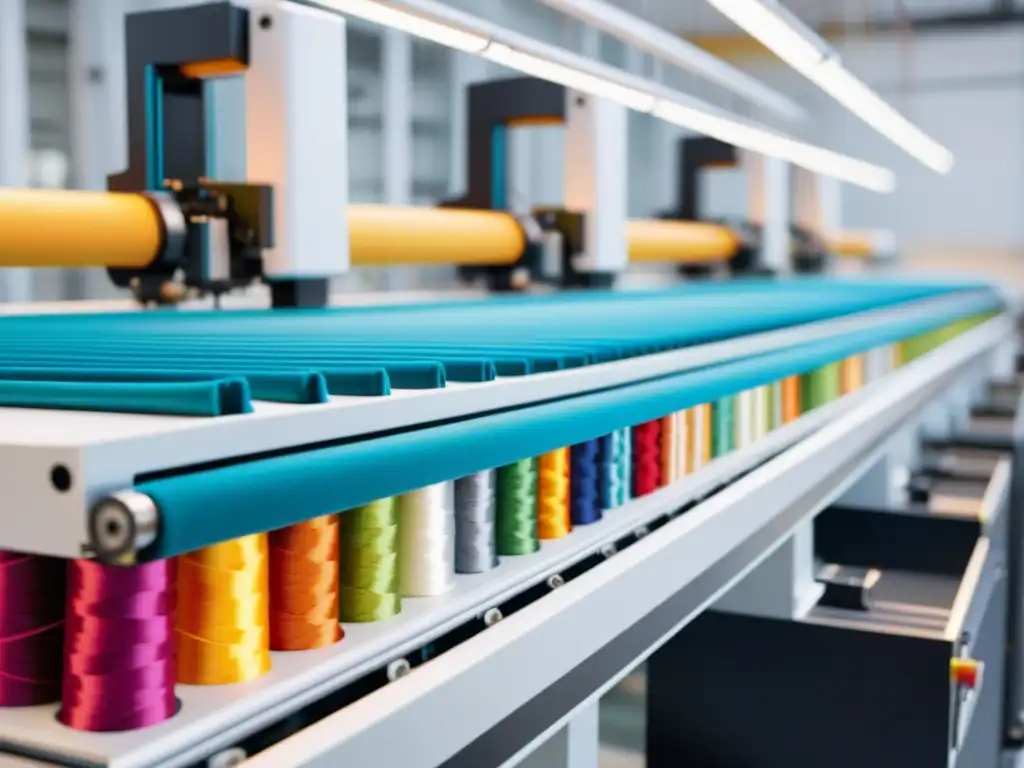 Robots en la industria textil: Brazo robótico tejiendo hilos coloridos en una moderna línea de producción textil, fusionando innovación y artesanía