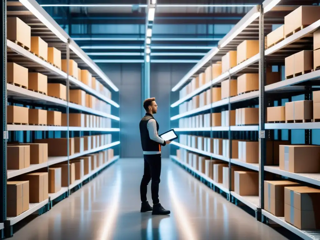 Robots organizando inventario en almacén futurista, con aplicaciones de inteligencia artificial en logística