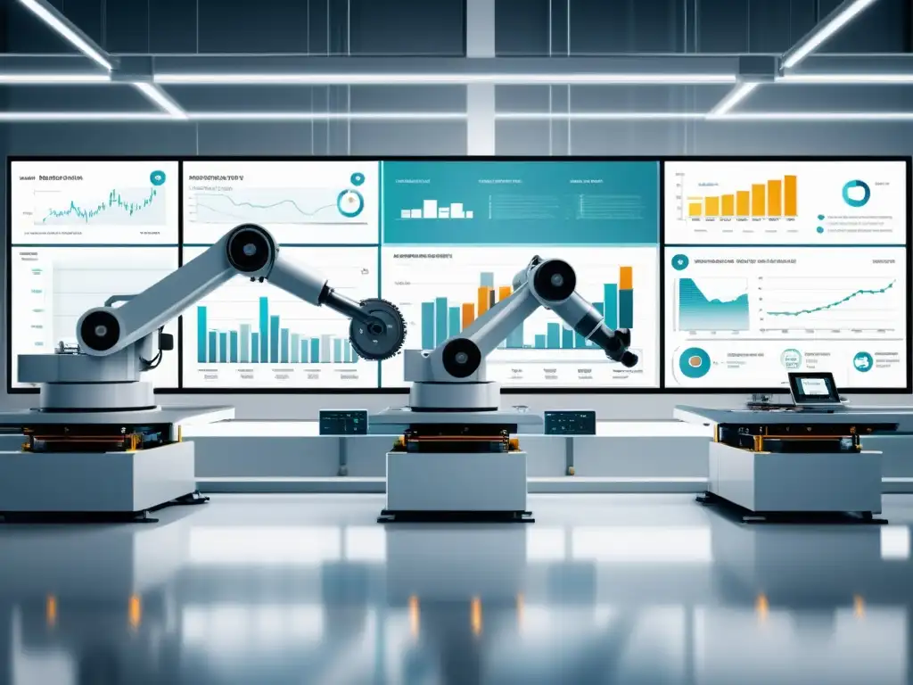 Robots y maquinaria moderna trabajando en una línea de producción industrial, rodeados de gráficos de datos