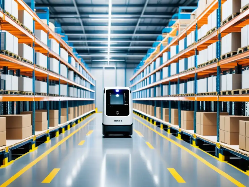 Robots móviles autónomos logística interna: Almacén industrial con robots AMR navegando entre estantes, reflejando precisión y avance tecnológico