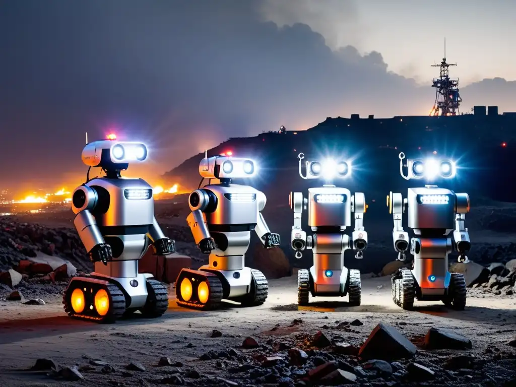 Robots de rescate en desastres naturales: Línea de robots plateados con luces de emergencia en un paisaje urbano devastado por humo