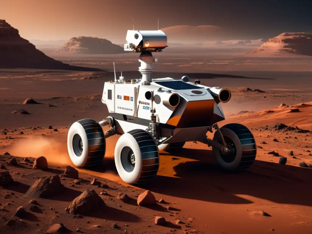 Exploración con robots en Marte: un rover espacial recorre el terreno marciano, reflejando avances tecnológicos y descubrimientos