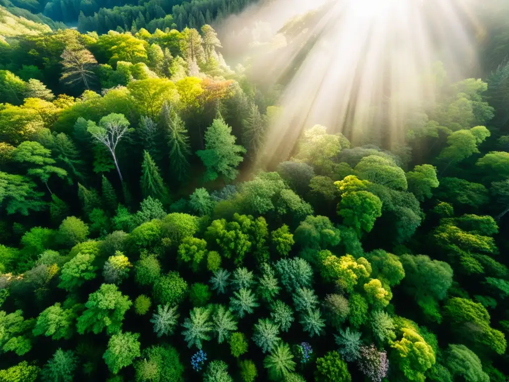 Robots para reforestación sostenible: Bosque denso con luz filtrándose entre el dosel, creando un patrón de luz y sombra en el suelo