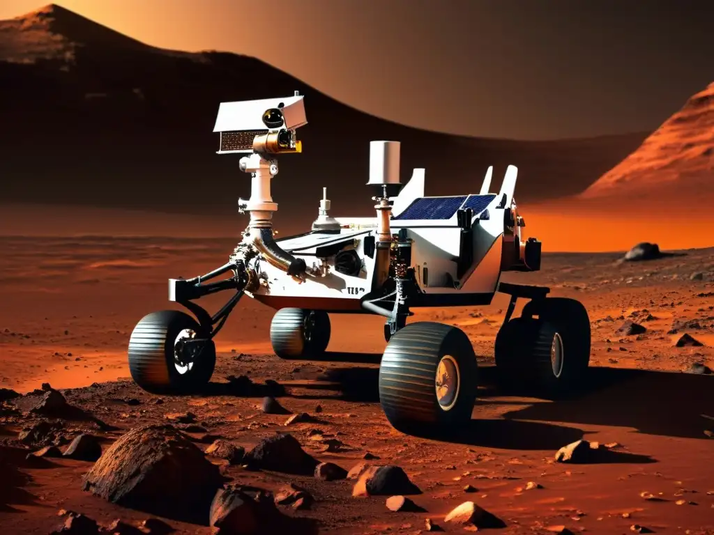 Robots búsqueda vida Marte: Rover Curiosity explorando terreno marciano, recolectando muestras y realizando experimentos científicos bajo el sol tenue