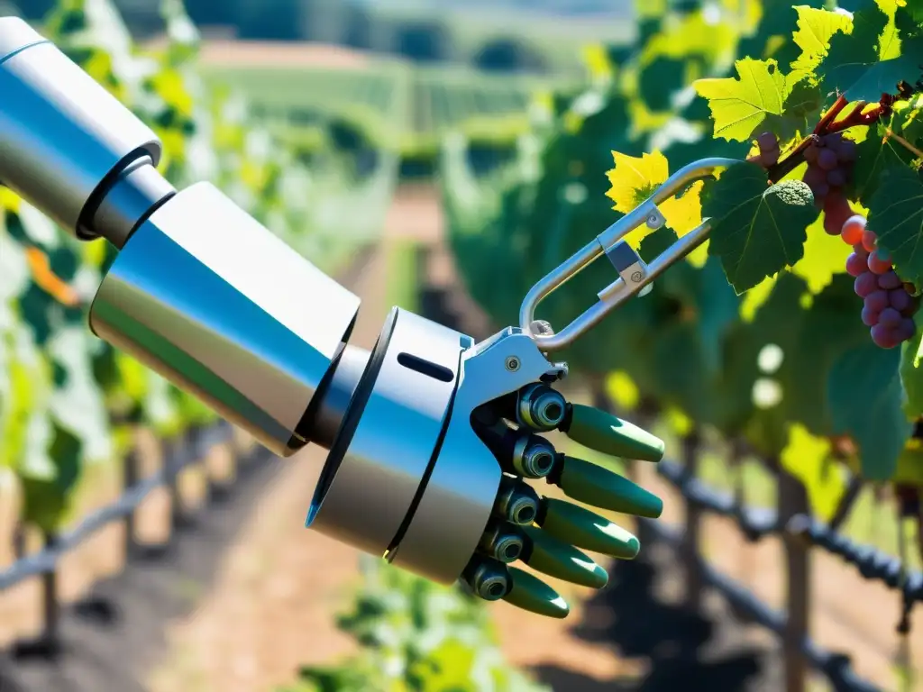 Robots en la viticultura para cultivo de vid: Un brazo robótico futurista podando con precisión en un viñedo, fusionando tecnología y naturaleza