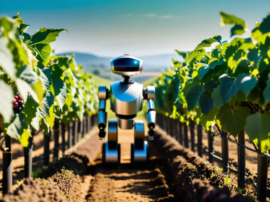 Robots en la viticultura para cultivo de vid: Futurista robot gestionando viñedo con tecnología avanzada y diseño minimalista