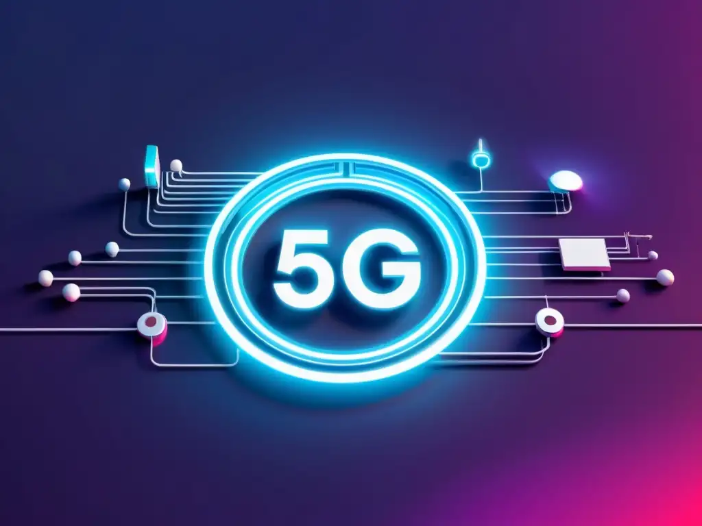 El rol del Beamforming en 5G: Una ilustración minimalista y futurista de una red de Beamforming 5G con dispositivos y antenas coordinadas