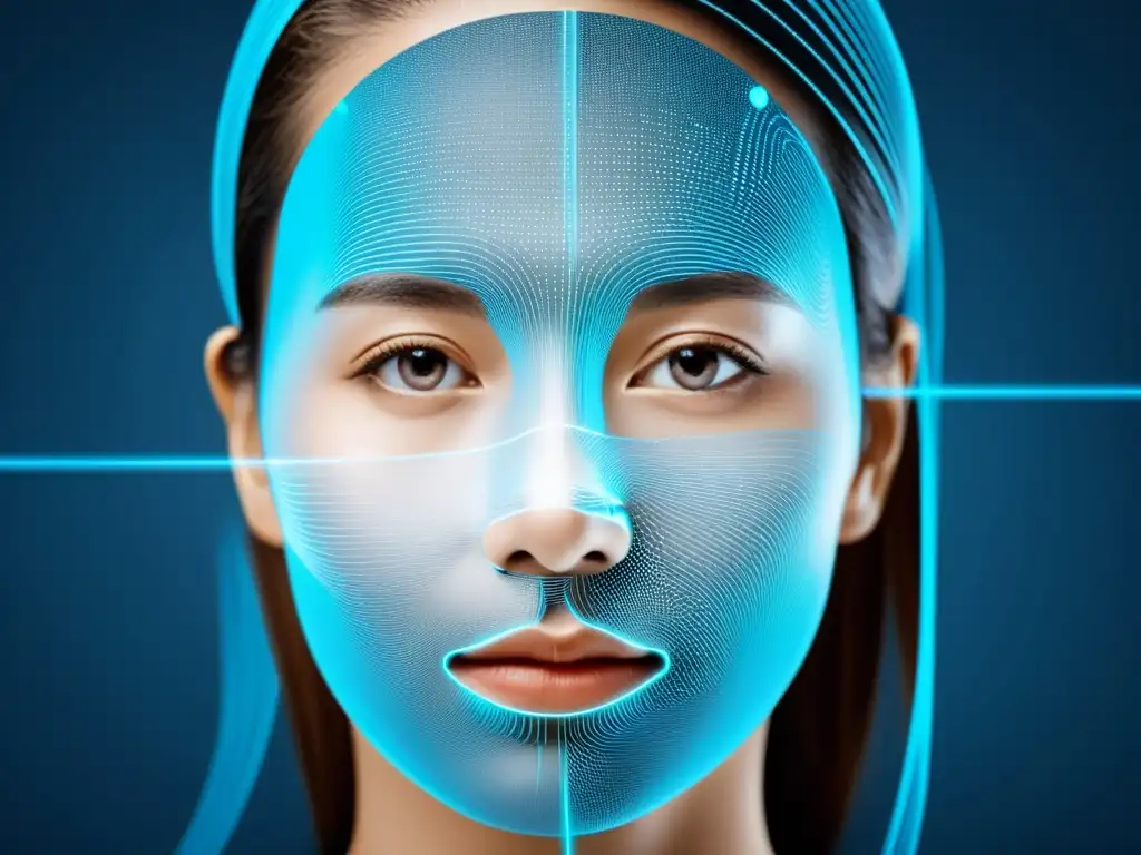 Un rostro escaneado por tecnología de reconocimiento facial, con líneas y puntos detallados