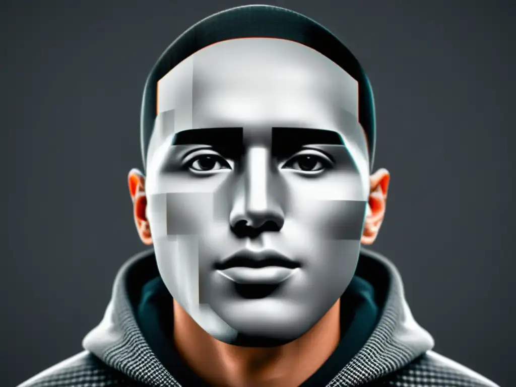 Rostro humano distorsionado: desafíos de detectar deepfakes Rostro humano realista con distorsiones sutiles y pixelación glitch alrededor de ojos y boca, evocando los riesgos de deepfakes en tecnología