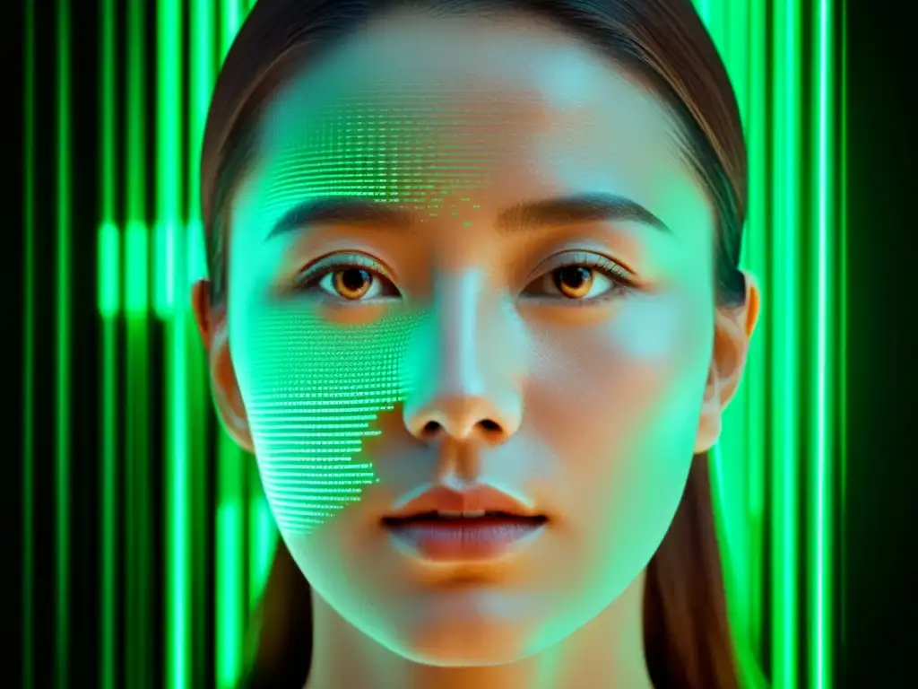 Rostro digital con códigos y efectos glitch Rostro neutral con código digital y efectos glitch, simbolizando los riesgos de deepfakes en tecnología