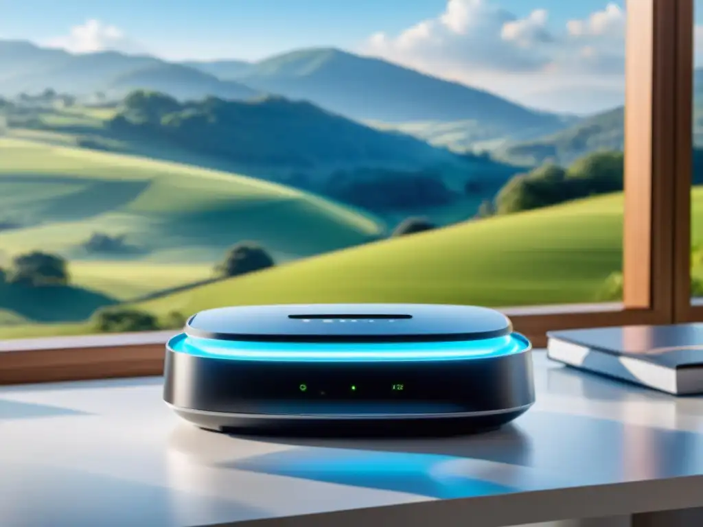 Un router 5G moderno ilumina con un suave resplandor azul en un entorno rural, simbolizando la banda ancha inalámbrica fija 5G