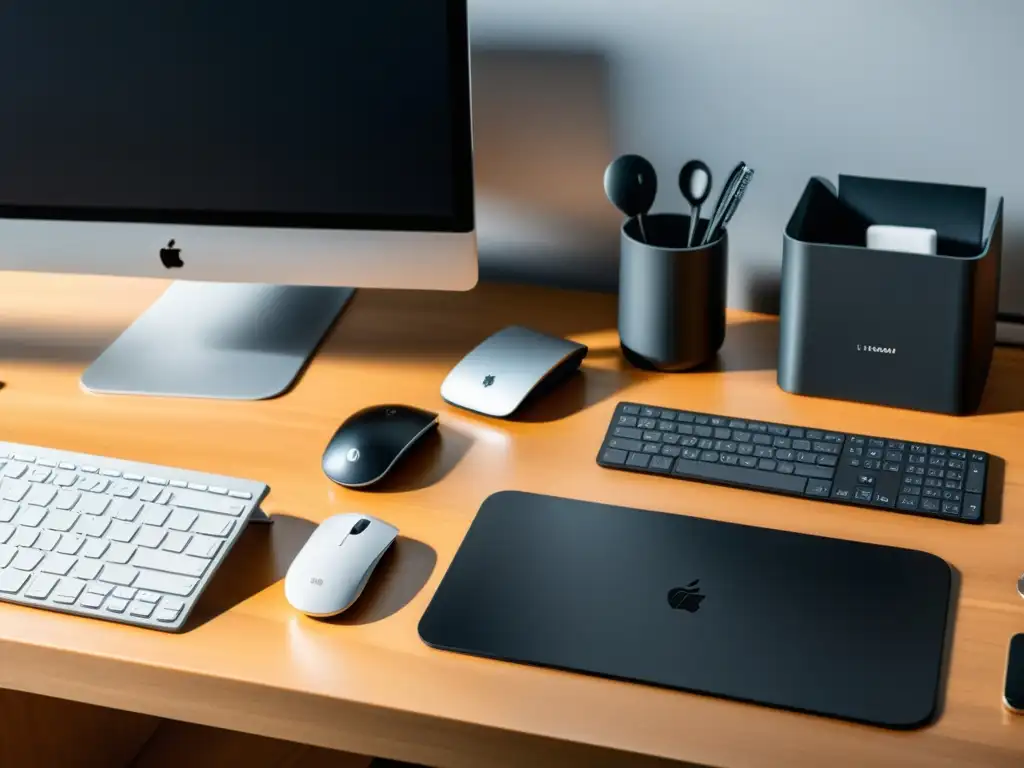 Rutinas diarias para ciberhigiene en un espacio de trabajo minimalista y ordenado con laptop, teclado inalámbrico y organizador de escritorio