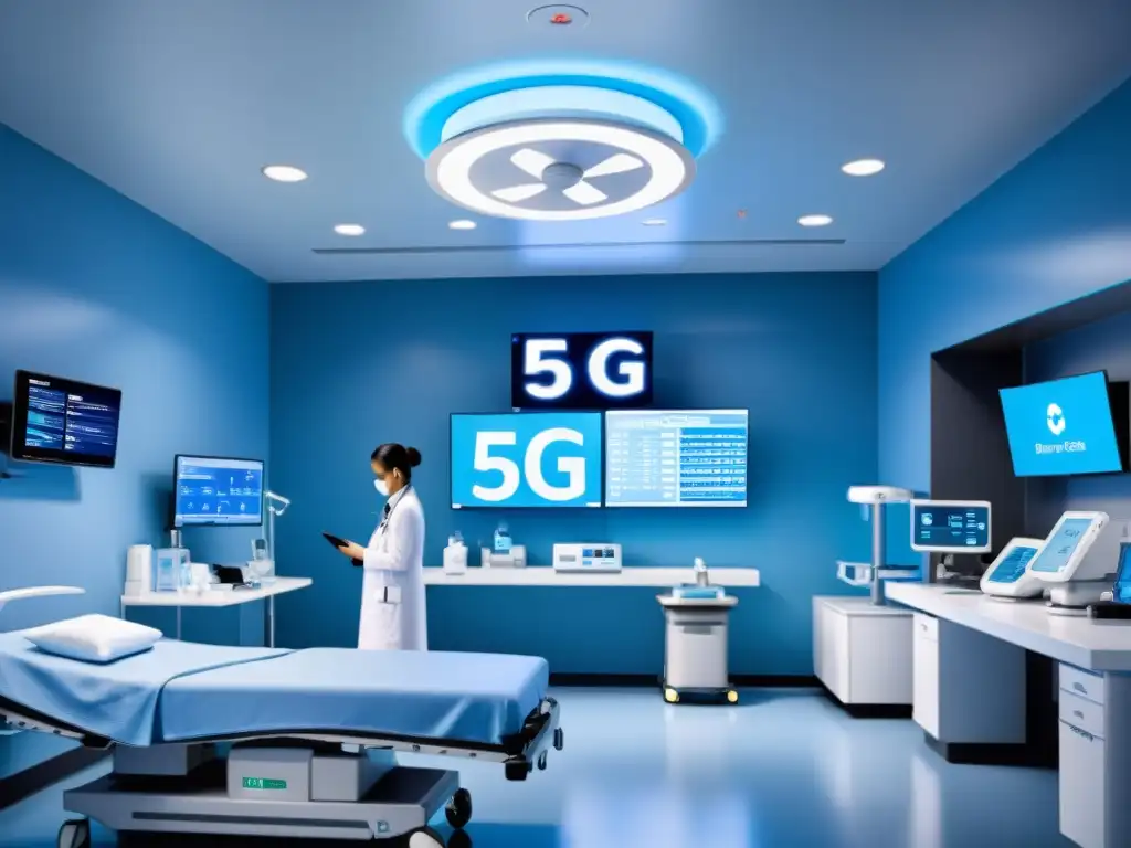 En una sala de emergencias bulliciosa, el personal médico atiende a pacientes con la latencia ultrabaja del 5G, bañados por una luz azul calmante