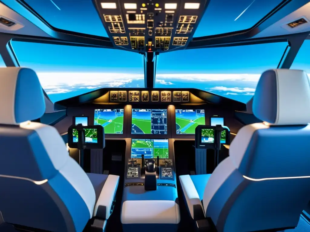 Cabina de simulador de vuelo de alta tecnología Sala de entrenamiento futurista con controles realistas y una pantalla panorámica, iluminada en tonos azules y blancos