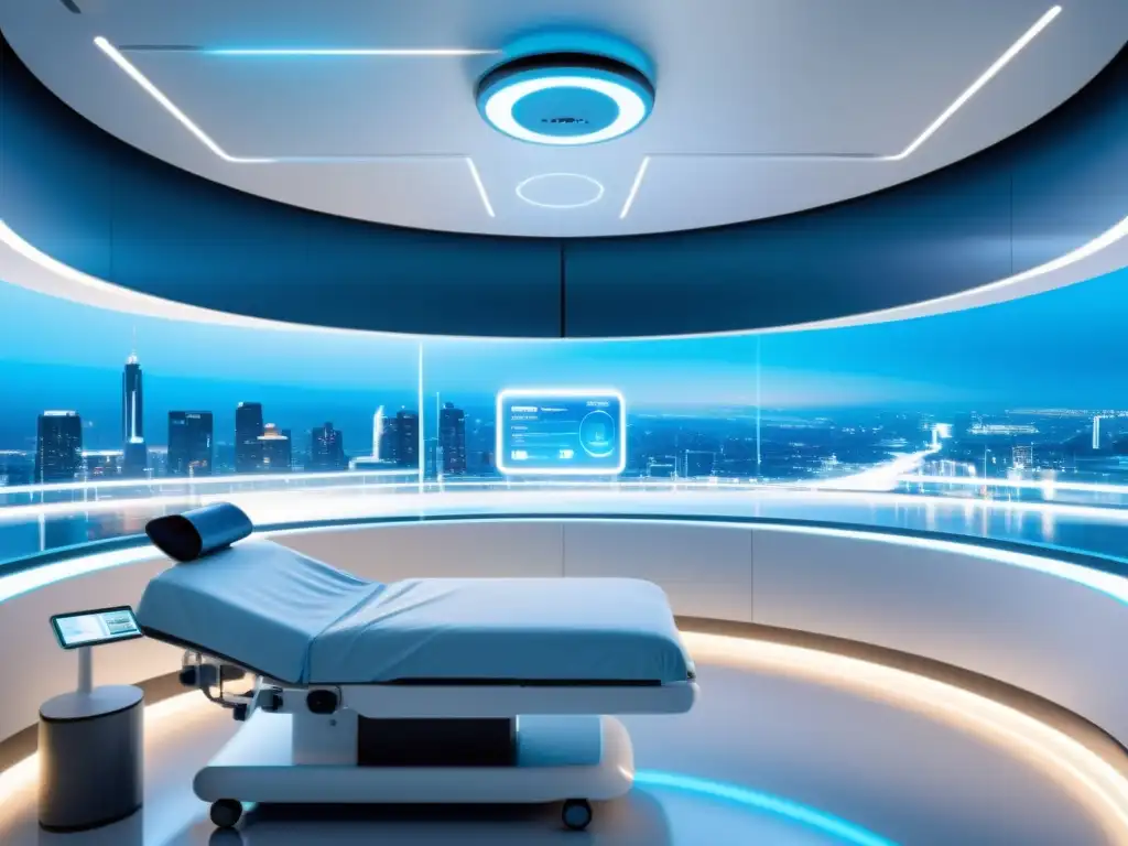 Una sala de hospital futurista con tecnología 5G, diseño minimalista, equipos médicos avanzados y una interfaz holográfica