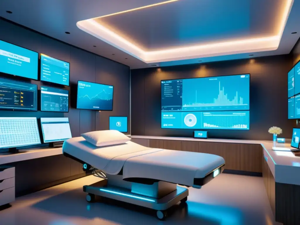 Una sala de hospital futurista con tecnología médica avanzada y monitores, destacando la integración de aplicaciones de Big Data en Salud