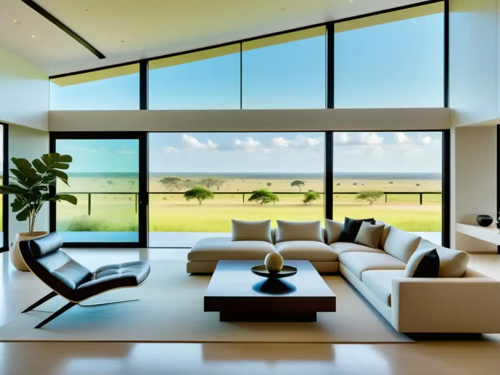 Una sala moderna con vistas a una sabana exuberante a través de ventanas de piso a techo