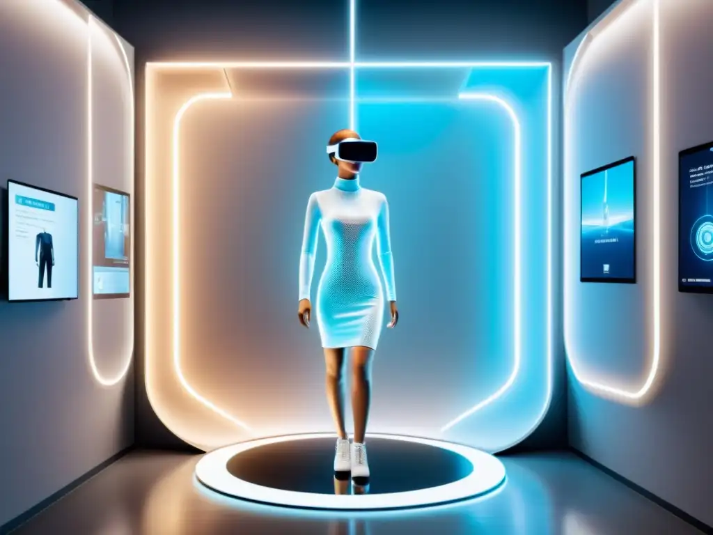 Realidad aumentada: probador virtual futurista Una sala de probadores virtual futurista con ropa de realidad aumentada tecnológica y diseño minimalista
