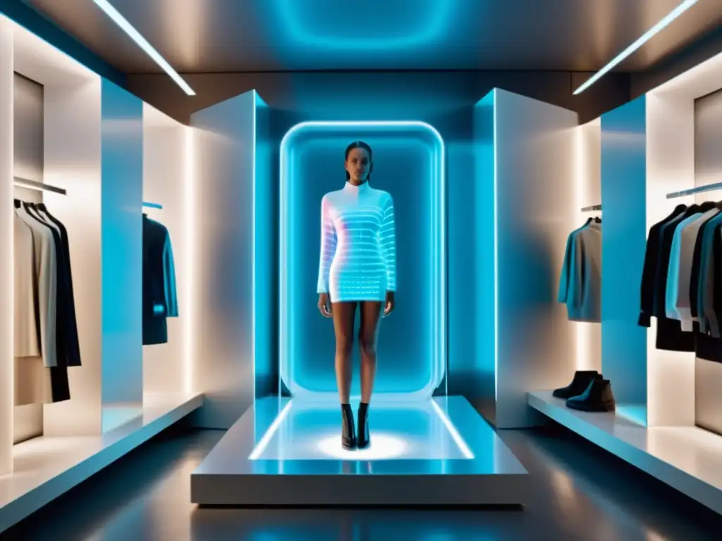 Vestidor virtual futurista con hologramas de moda Una sala de probadores virtual futurista con ropa en realidad aumentada tecnología, bañada en luz suave y minimalista