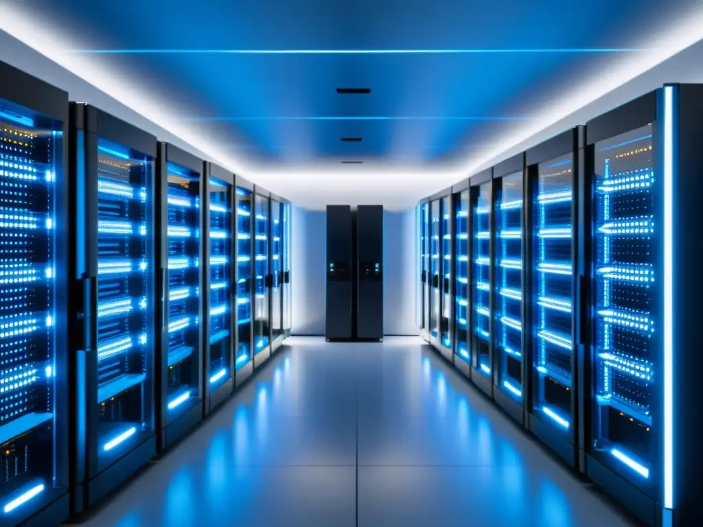 Sala de servidores futurista: Tecnología avanzada y orden impecable Una sala de servidores futurista con iluminación LED azul, mostrando un ambiente tecnológico avanzado y aplicaciones innovadoras de Machine Learning y Big Data